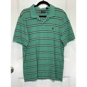 Y2K Chaps Mens Green Striped Polo Shirt Size XL Cotton Short Sleeve X-Large